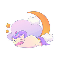 Cute Cartoon Unicorn Kawaii. Unicorn sleep with moon animal sticker. Magic cute pony. Cartoon vector illustration