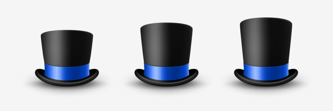 Vector 3d Realistic Black Top Hat Icon Set Closeup with Blue Ribbon Closeup Isolated on White Background. Classic Retro Vintage Top Hat, Vintage Gentlemans Mens Hat, Front View