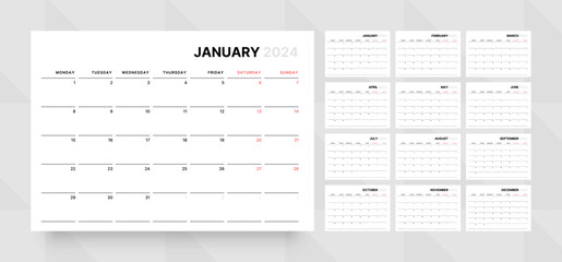 Monthly calendar template for 2024 year. Wall calendar grid in a minimalist style. Week Starts on Monday. Planner for 2024 year. - obrazy, fototapety, plakaty
