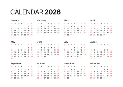 Annual calendar template for 2026 year. Week Starts on Sunday. Business calendar in a minimalist style for 2026 year.