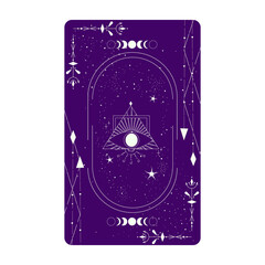 Tarot card with mystic eye pyramid and celestial border. Boho esoteric tarot card with eye and frame. Vector illustration. Sacred geometry celestial triangle