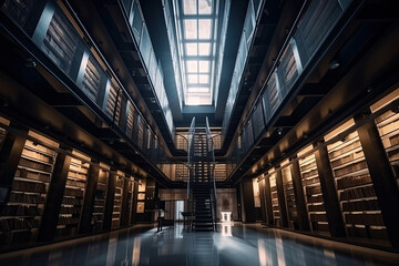 Fototapeta premium Interior of library with many bookshelves. Rows of cabinets with old books in library. Knowledge and education. Created with Generative AI