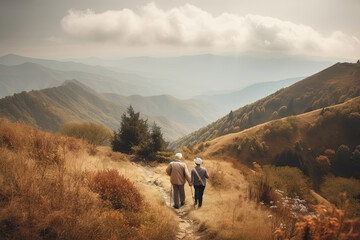 Obraz premium Senior couple hiking in mountains. Elderly tourists with bikepacks travelling outdoor. Active lifestyle in old age. Created with Generative AI