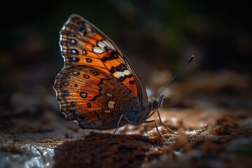butterfly resting on the ground, showcasing its intricate patterns and colors. Generative AI