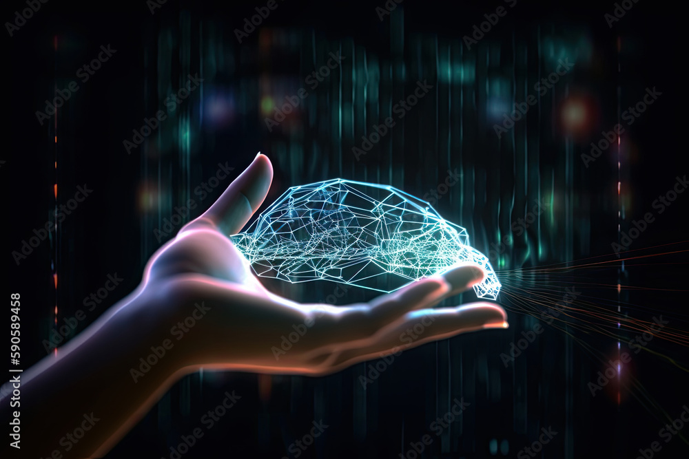 Wall mural Hand touching digital neural network. Communication with artificial intelligence. Futuristic cyberspace background. Created with Generative AI - Wall murals