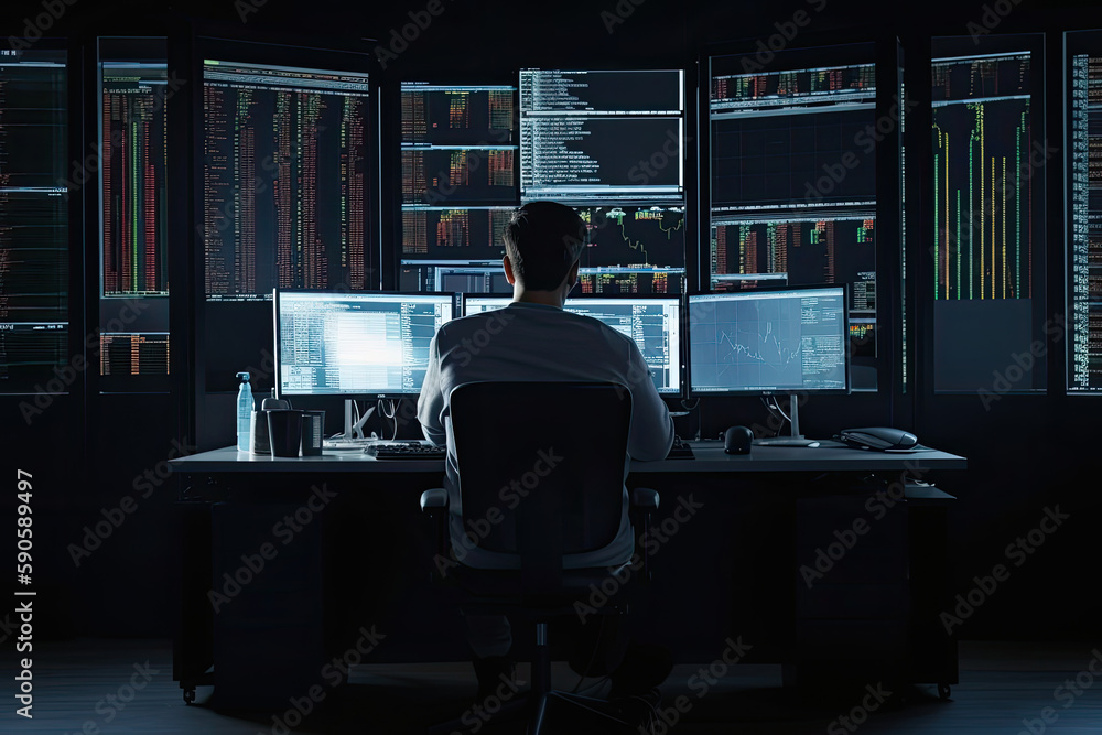 Poster trader at workplace analising stock exchange graphs. man sitting at table, looking at screen with st