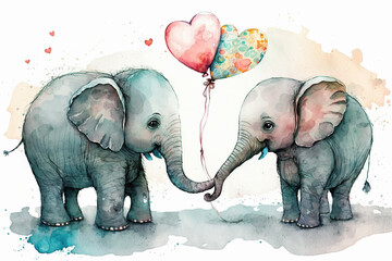 Two elephants with intertwined trunks and two heart-shaped balloons watercolor, Generative AI