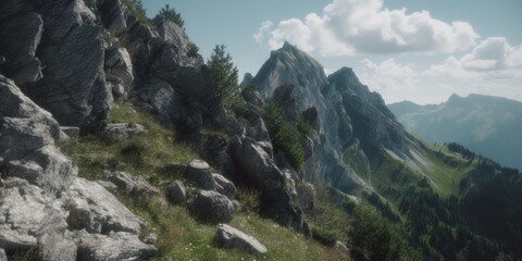 Mountain rock landscape. Winding road near mountain rock landscape. Background. Mountain panoramic scenery. Road in the mountains. Generative AI