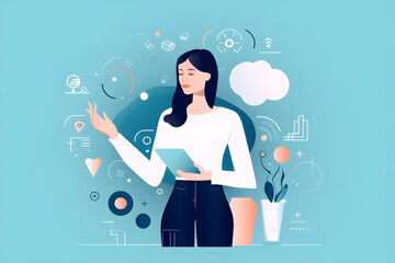 Flat vector illustration Portrait shot of young attractive cute perfect woman holding hands and interested online shopping product against blue background