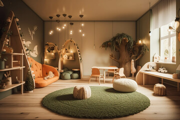 Interior of modern children's room with stylish furniture and toys, Kids play room, kids bed room, Children's hut, play tent and toys.