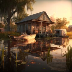 A beautiful sunset by a cajun swamp, with a shack and a boat