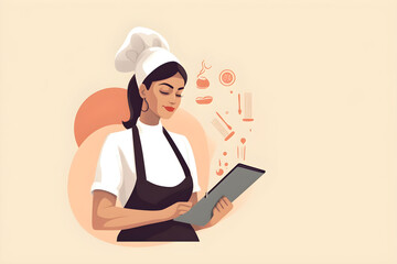 Flat vector illustration Young housewife housekeeper cook baker latin woman wearing striped apron toque hat holding using digital tablet pc computer searching recipes isol