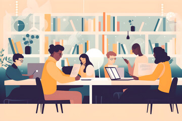 Flat vector illustration Young multiracial people working in school library - soft focus on correct girl face