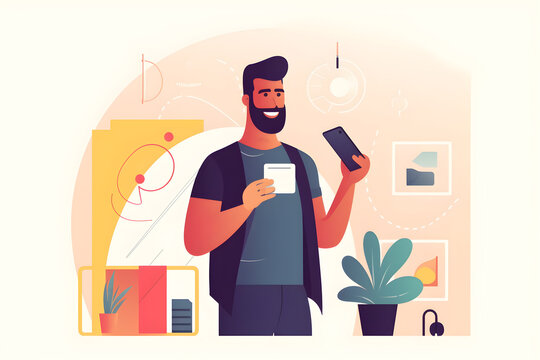 Flat Vector Illustration Young Hispanic Worker Smiling Confidently Holding Data Phone With Credit Card At Home