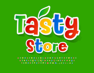 Vector colorful Emblem Tasty Store. Bright sticker Font. Artistic set of Alphabet Letters and Numbers