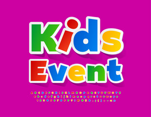 Vector Funny Emblem Kids Event. Bright colorful  Font. Modern Alphabet Letters and Numbers