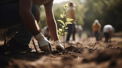 People planting trees or working in community garden close up. AI generated - obrazy, fototapety, plakaty