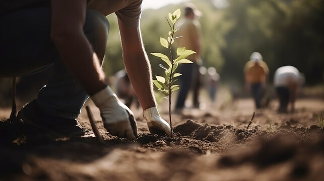 People planting trees or working in community garden close up. AI generated
