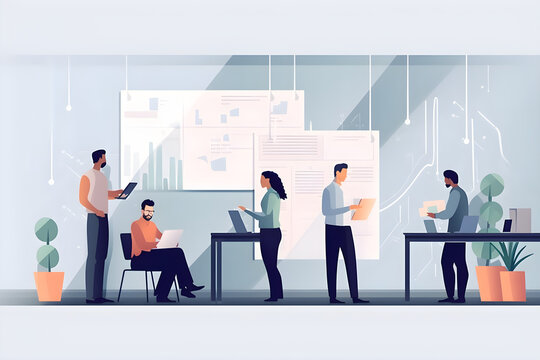 Flat vector illustration Colleagues standing and communicating at business meeting in modern office, banner