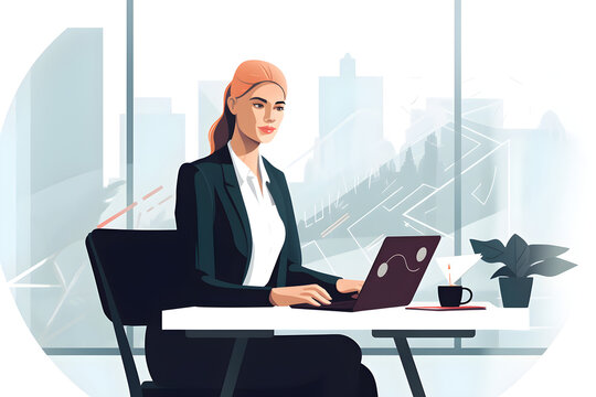 Flat vector illustration Successful confident caucasian businesswoman in elegant clothes, executive, recruiter, product manager, sitting in modern office, working on lapto