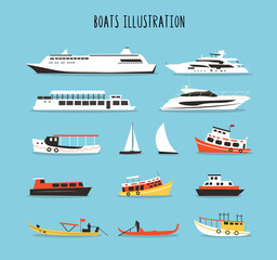 Set of boats, ships, yachts in bright colors.