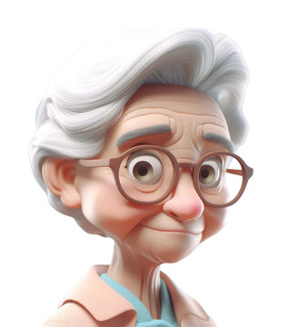 cute icon 3D old woman avatar, elderly pensioner, grandmothers portrait, happy retired cartoon face. Adult grandma senorita person, character, silver hair, glasses, sweater on Isolated Transparent png