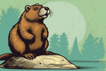 beaver perched on a large rock. Generative AI - obrazy, fototapety, plakaty