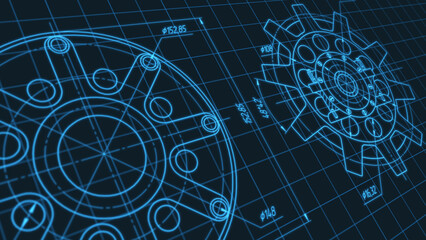 Technical drawing of gears .Rotating mechanism of round parts .Machine technology.illustration.