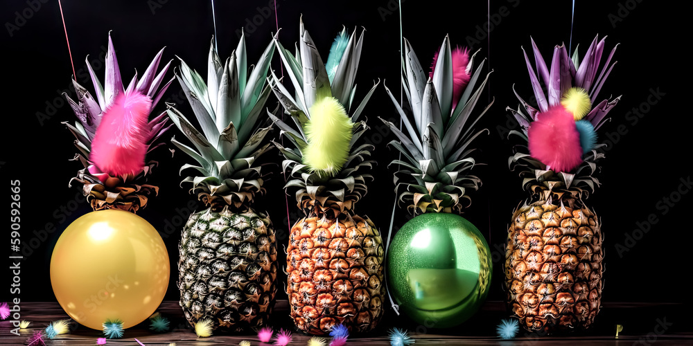 Poster a bland yellow and green background featuring a pineapple and a few stars is displayed - generative 