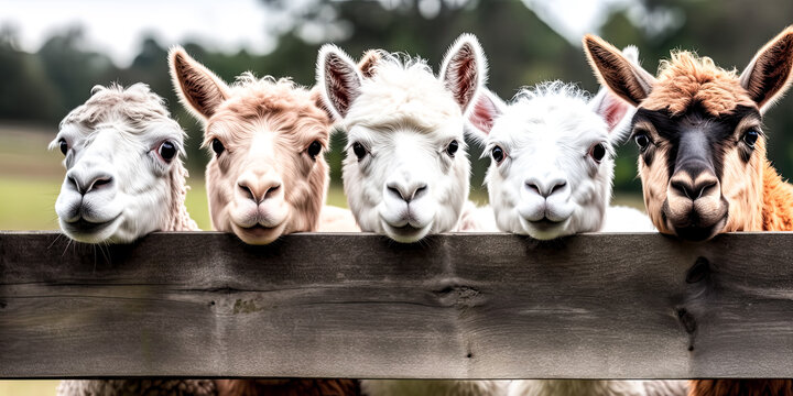 A curious alpaca peers over a fence, its gaze fixed on an unknown destination. - generative ai