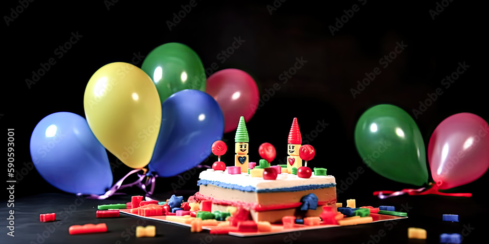 Poster a vibrant birthday cake sits atop a colorful array of blocks, surrounded by festive decorations. - g