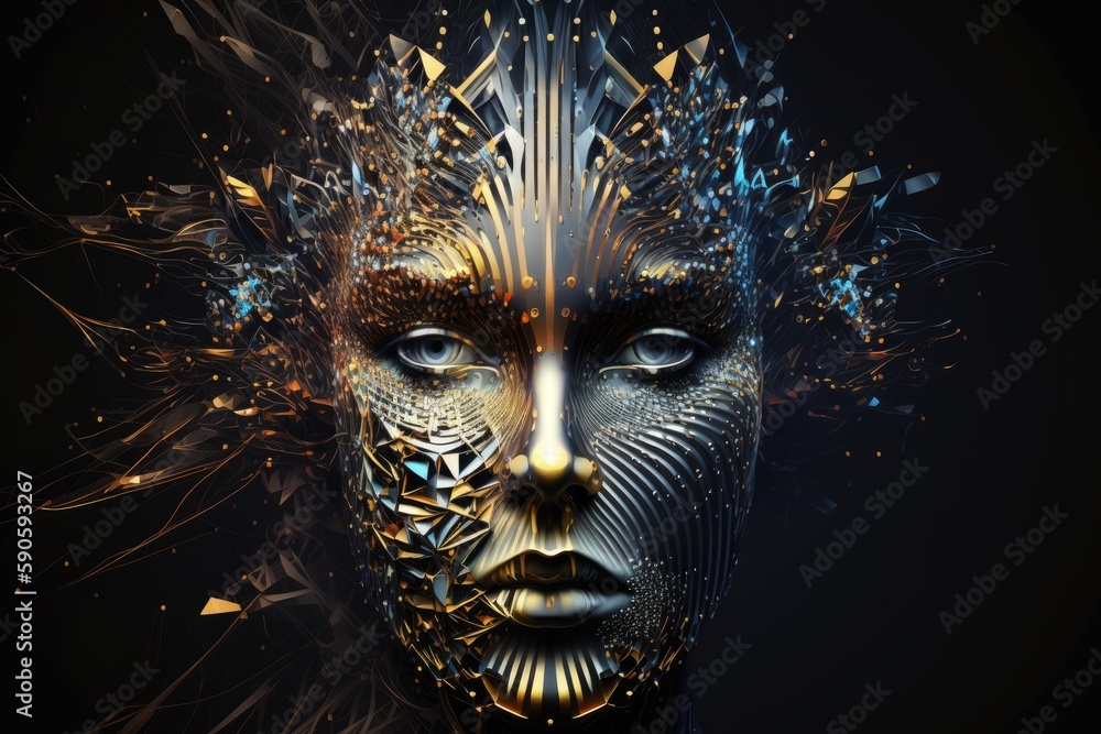 Aufkleber 3d rendering of a female robot with golden metallic elements on a black background