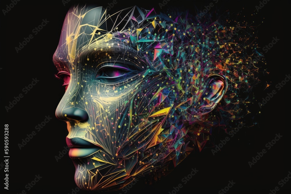 Aufkleber 3d rendering of a female robot face made of colorful particles