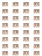 Wooden calendar, set of dates for the month of March 01-32, png on a transparent background, white, close-up
