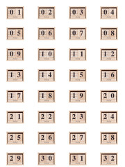 Wooden calendar, set of dates for the month of July 01-32, png on a transparent background, white, close-up