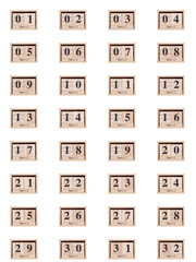 Wooden calendar, set of dates for the month of April 01-32, png on a transparent background, white, close-up