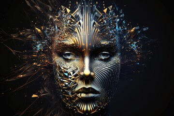 3D rendering of a female robot with golden metallic elements on a black background