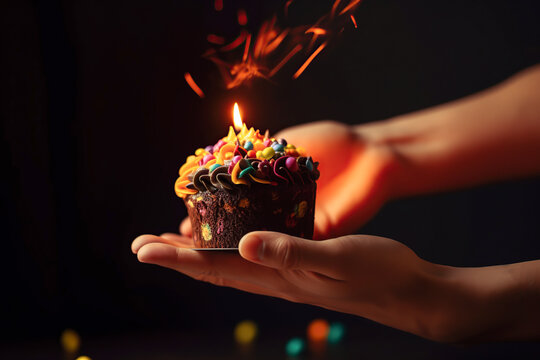 Colorful multi-colored chocolate cupcake with candle in female hands. Festive birthday greetings. Generative AI