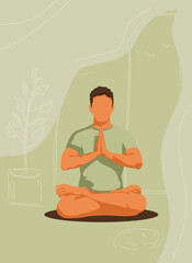 Man doing yoga at home. Creative poster or banner. Illustration for yoga, meditation, relaxation, healthy lifestyle. Vector illustration in the flat.