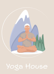 Man doing yoga on background in nature. Creative poster or banner. Illustration for yoga, meditation, relax,  healthy lifestyle. Vector illustration in flat. 
