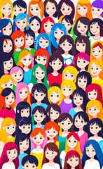 Obraz na płótnie Canvas Illustration in vector a group of girls, hair of different colors, women's solidarity. 2d. friendship of Peoples. school. smiles.