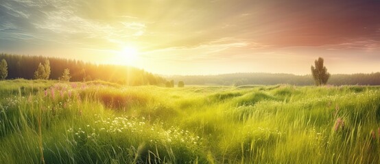 Plakat Fields and pastures with lush green grass, under sunny blue skies of summer. Background is serene. Generative AI