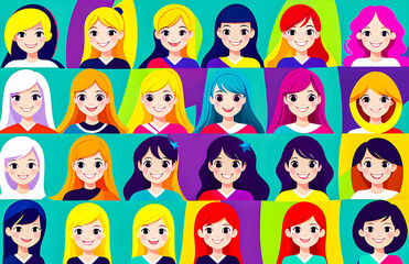 Fototapeta na wymiar Illustration in vector a group of girls, hair of different colors, women's solidarity. 2d. friendship of Peoples. school. smiles.