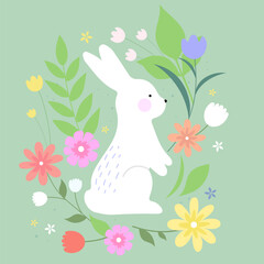 Cheerful bunny with a floral background. Easter card.