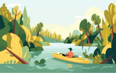 Foto op Canvas Person kayaking in a peaceful river, surrounded by lush greenery and the sounds of nature. Flat vector summer watersport illustration concept. Gadget-free vacation. Generative AI © Malchevska Studio