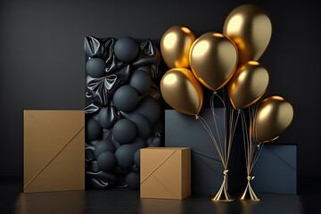 Luxurious golden balloons and black gift boxes stand on a black background against the wall.