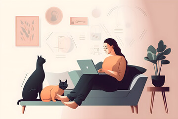 Flat vector illustration Young woman sitting on sofa at home with two domestic cats with laptop, working remotely from home