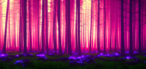 Magical dark fairytale forest at night with glowing lights, fog and flying particles. Dense dark fantasy forest with big trees, green, sunset light. atmosphere of the forest