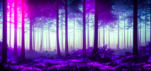 Magical dark fairytale forest at night with glowing lights, fog and flying particles. Dense dark fantasy forest with big trees, green, sunset light. atmosphere of the forest
