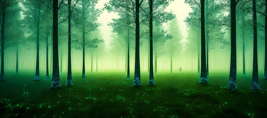 Magical dark fairytale forest at night with glowing lights, fog and flying particles. Dense dark fantasy forest with big trees, green, sunset light. atmosphere of the forest